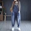 Women Jeans Rompers Retro Big Pocket Loose Denim Overalls Fashion Large Size Wide-leg Pants