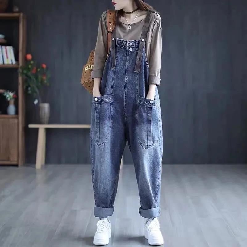 Women Jeans Rompers Retro Big Pocket Loose Denim Overalls Fashion Large Size Wide-leg Pants