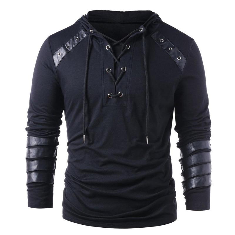 Heren winter trekkoord vintage leer patchwork lange mouwen hooded tops blouses