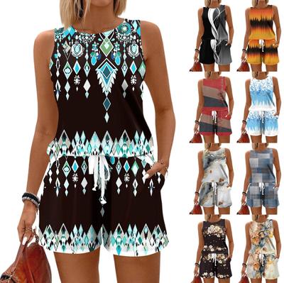Women's Summer Colour Block Print Vest Sleeveless Top Shorts Set