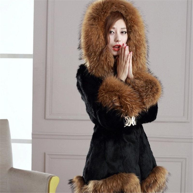 Fluffy Coat Autumn and Winter Faux Fur Coat Women Mid-length Warm Hooded Coat with Faux Fox Fur Collar Plus Size