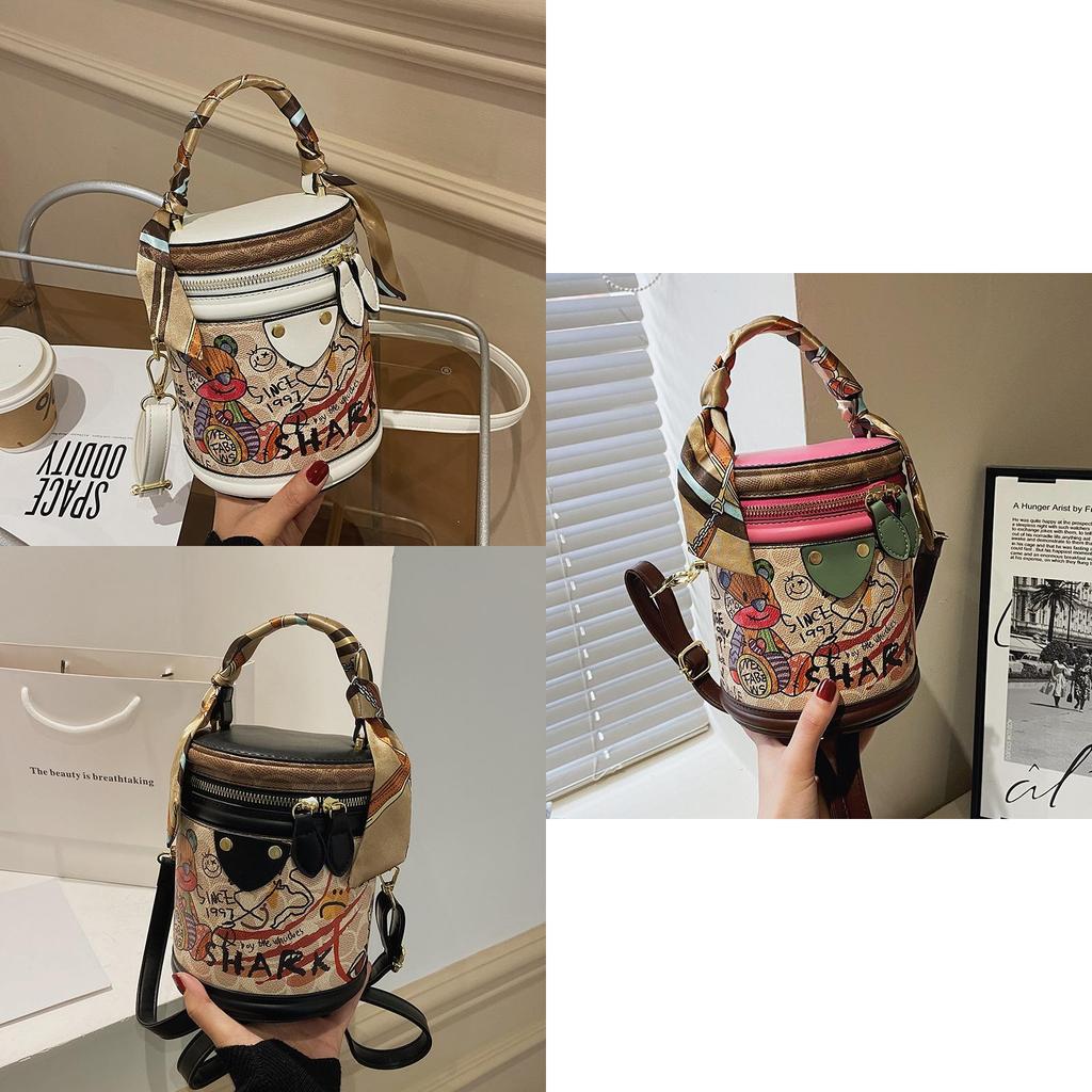 2024 New Fashion Graffiti Bucket Bag Women Street Style Round Cylinder Bag