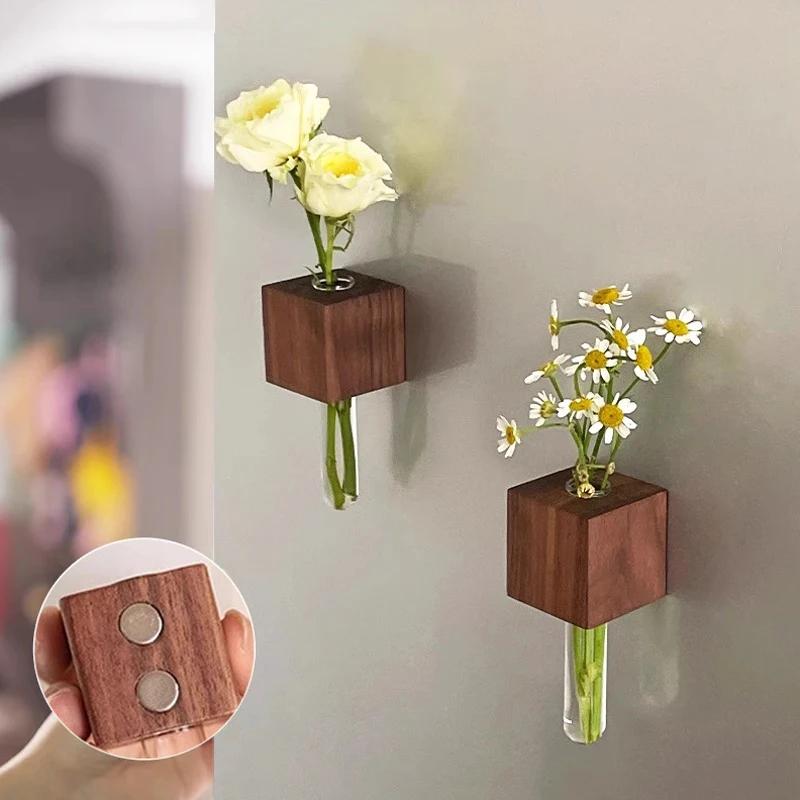 Wooden Test Tube Vase DIY Flower Arrangement Magnetic Simulation Flower Vase Refrigerator Sticker Home Kitchen Locker Decoration