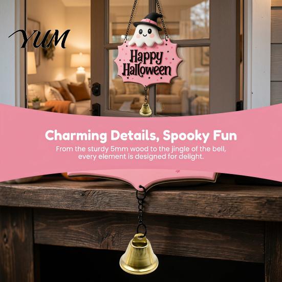 Festive Entrance Hanging Bell Halloween Cute Witch Hat Ghost Door Sign, Wooden Decoration, Decorative Skull Doorbell Pendants for Indoor Outdoor Home