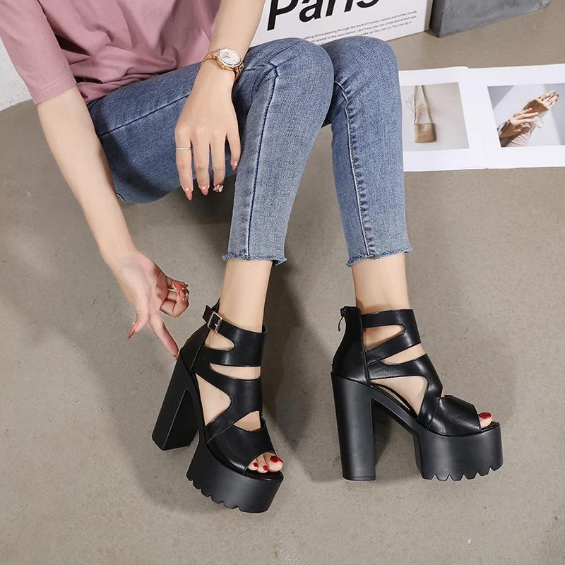 Gladiator Sandals Women Summer Shoes Platform Black High Heels Flip Flops 14cm Party Wedding Shoes