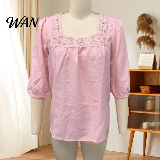 Skin-friendly Fabric Shirt Women Square Collar 3/4 Sleeve Pure Color Casual Loose Fit Tops Blouse Lace Splicing Summer Breathable
