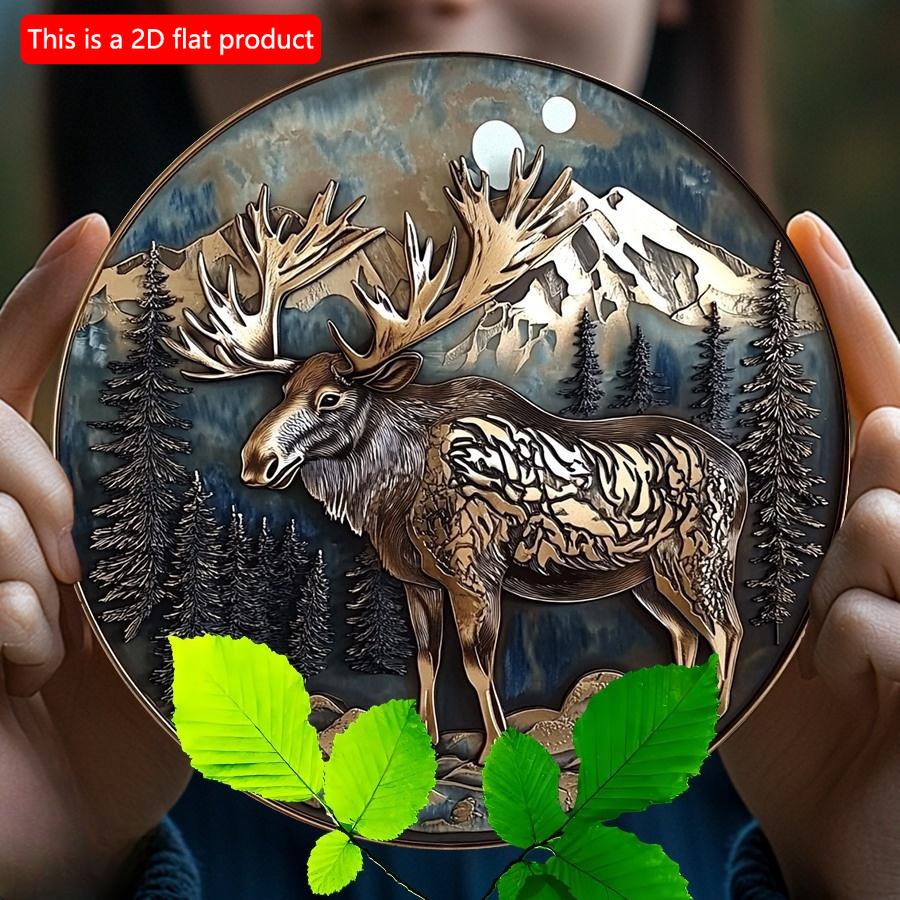 2d Flat 20*20cm, Majestic Moose and Nature Scene, Round Wooden Wall Art, Outdoor Decor, Wooden Wall Sign, for Home, Kitchen, Bedroom, Bar.