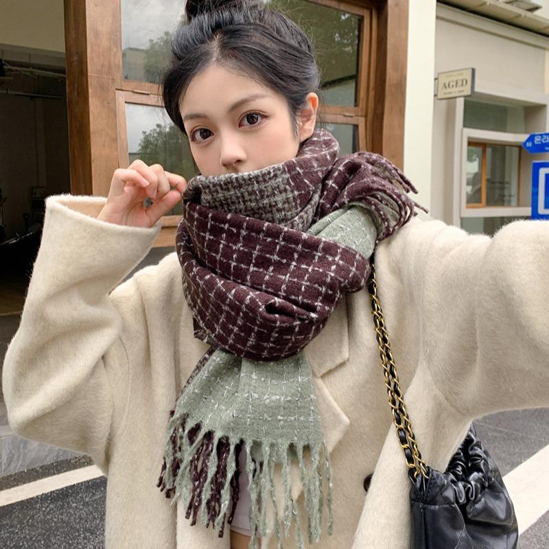 Japanese Korean Style Soft Tassel Color-Block Plaid Scarf Women Men Warm Neck Wrap Atmosphere Shawl