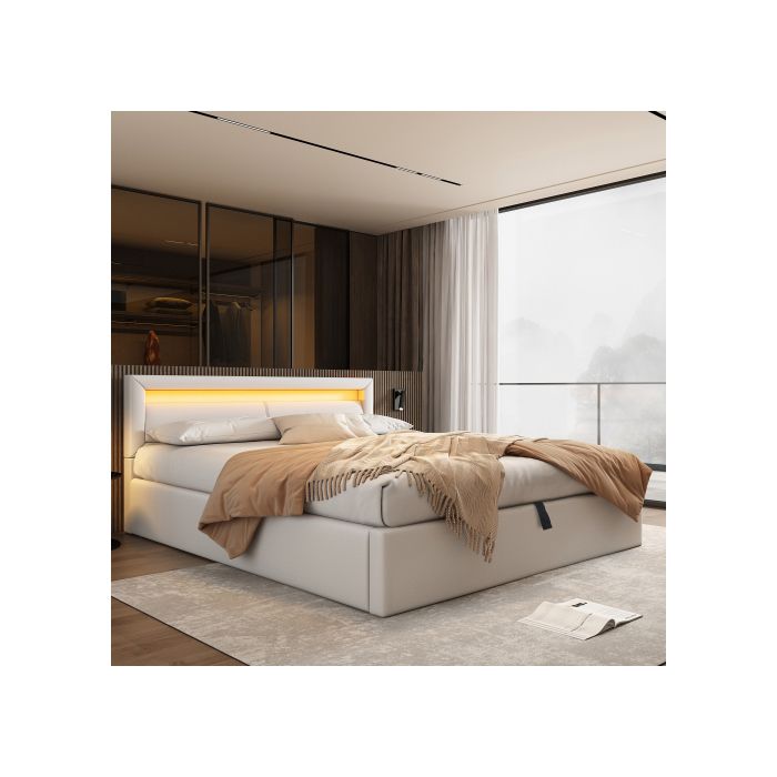 Upholstered Bed - MUVOE - 140x200 Cm - LED - Faux Leather - Headboard 80 Cm