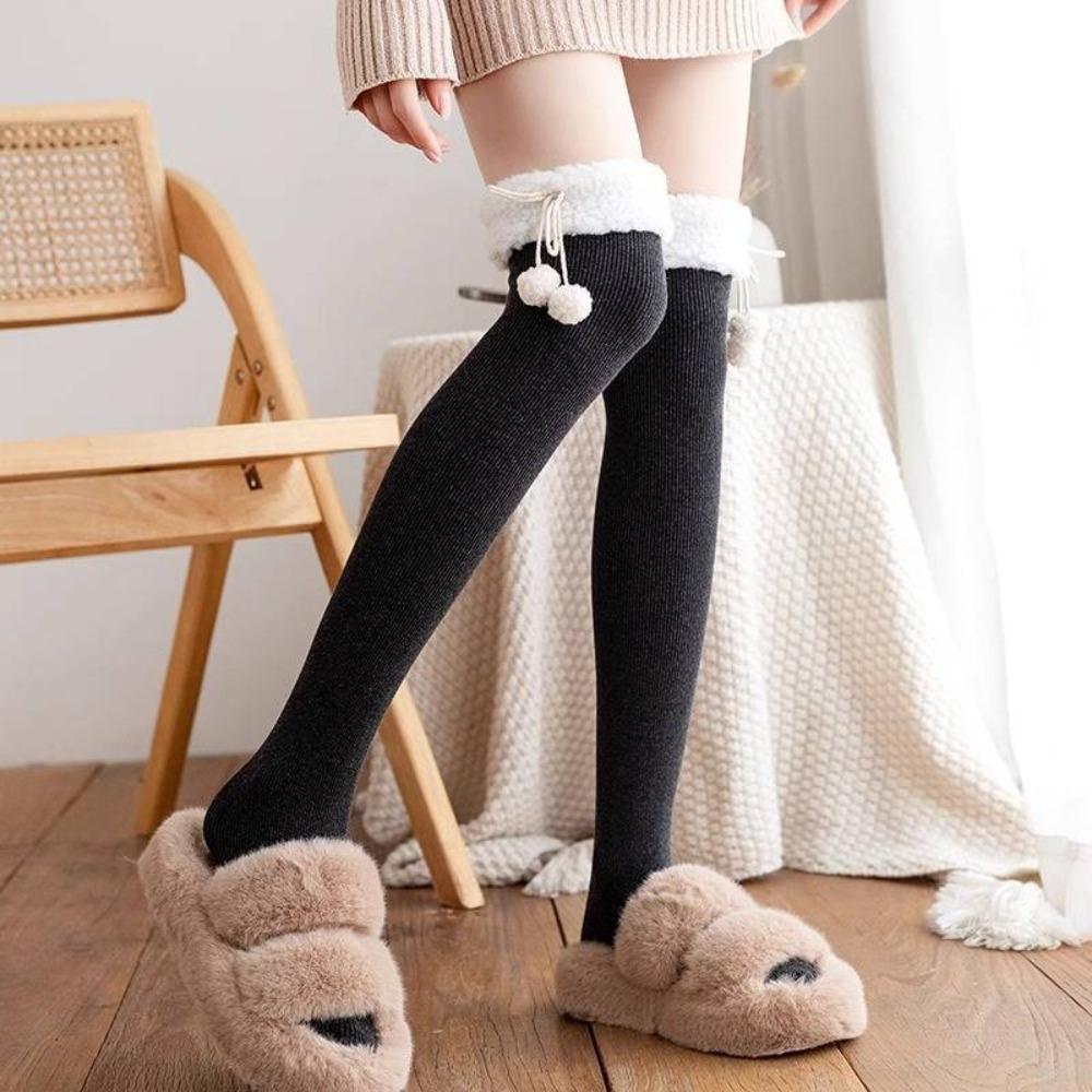 1 Pair Wool Ball Knee High Socks Vertical Stripe Plush Stockings Cute Over Knee Socks Women Girl
