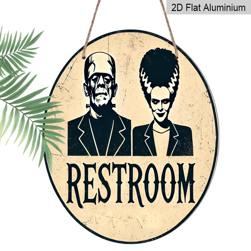 2D Flat, 1pc Frankenstein's Monster RESTROOM Metal Wall Sign - 7.87inch Round Bathroom Decor with Pre-Drilled Holes, Vintage Humorous Design for