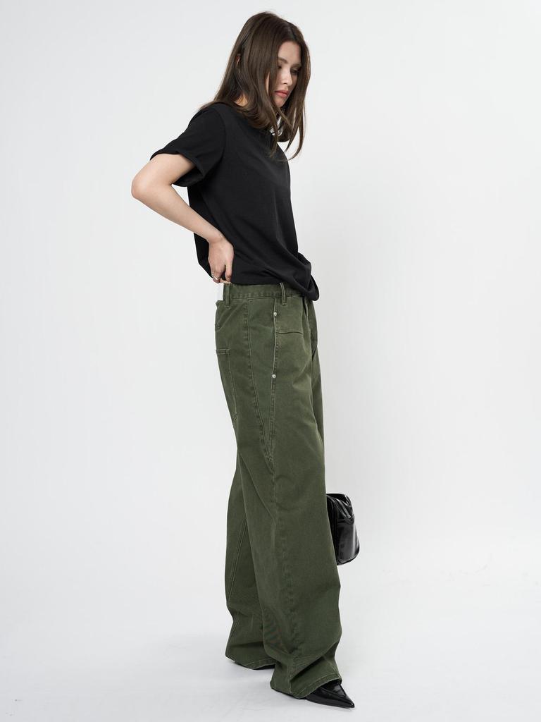Louvre Spring Retro Low-Waist Loose-Fit Slim Green Women's Overalls