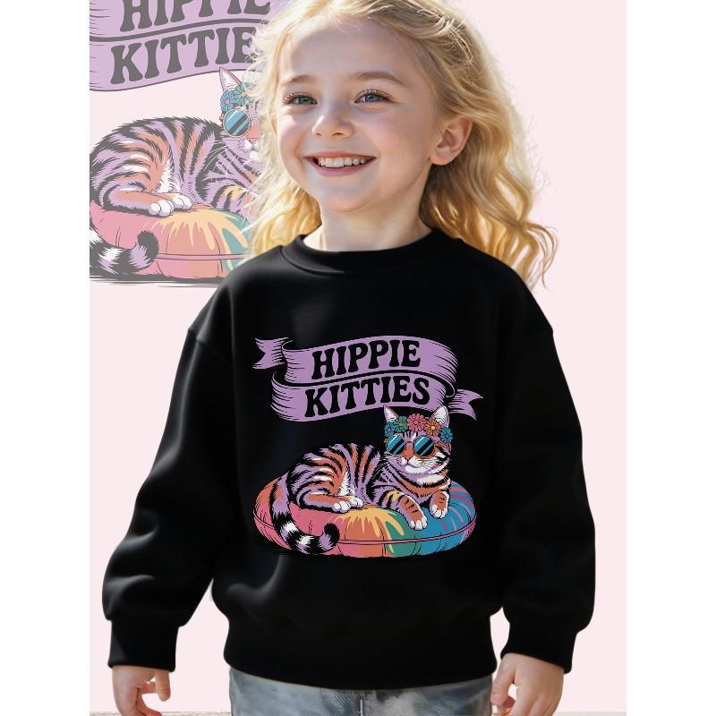 Girls Hippie Kitties Cat Print Sweatshirt - Soft White Loose-Fit Long Sleeve Pullover with Cute Hippie Cat & 60s/70s 110