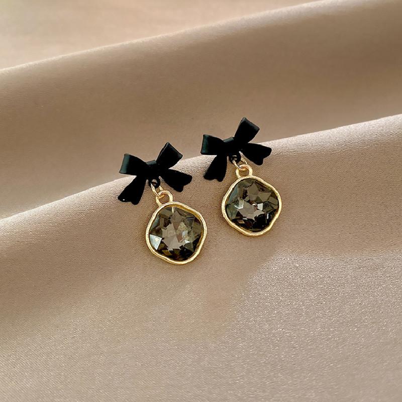 S925 Needle Sweet Jewelry Black Bowknot Earrings New Design Crystal Glass Simulated Pearls Heart Drop Earrings For