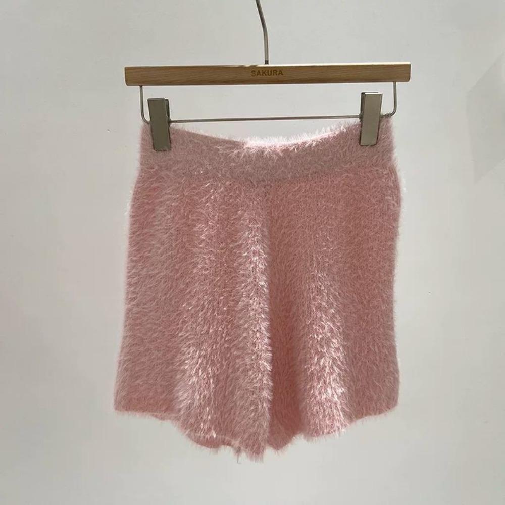 

Женские вязаные повседневные брюки широкого кроя из флиса норки на осень и зиму, меховые, с высокой посадкой, свободные спортивные шорты, мягкие базовые штаны, защитные шорты L розовый