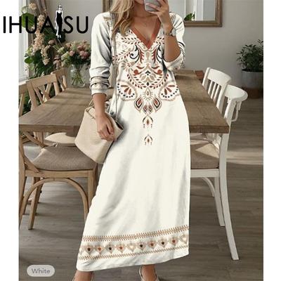 Women's Spring Long-sleeved V-neck Position Print Dress