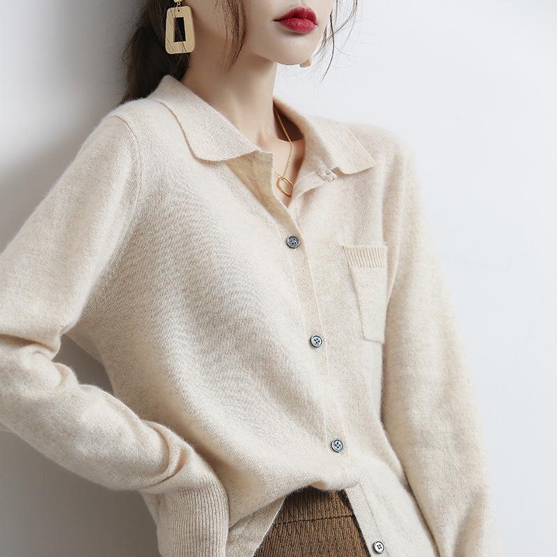 Women's 2023 Light Luxury Loose Knit Wool Polo Cardigan with Lapel Collar