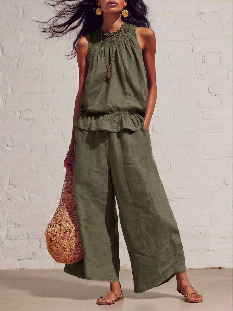 Europäisches & Amerikanisches Damen Retro Bohemian Rüschen Baumwoll-Leinen Zweiteiliges Set für Frühling und Sommer 2026