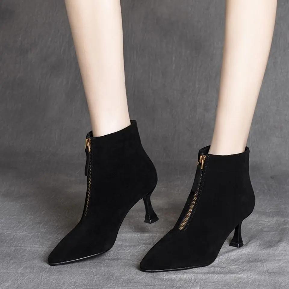 Fashion Ankle Boots for Women Stiletto Heel British Style Zip Woman Short Shoes Plain Comfortable and Elegant Footwear New In Pu Booties