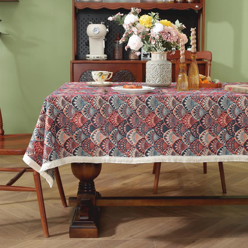 Retro Polyester Cotton Color Woven Jacquard Plant Fan-Shaped Flower Fringed Tablecloth Rectangular Coffee Table Tablecloth Dining Table Cloth