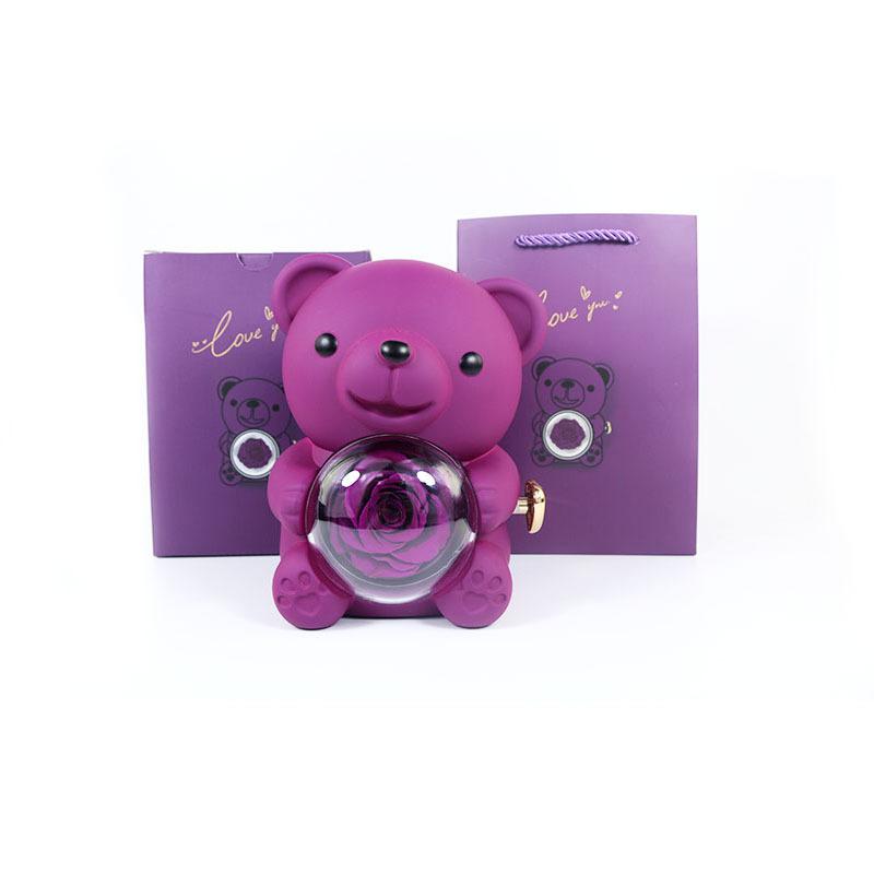 Eternal Rose Teddy Bear Necklace Ring Gifts Box Rotate Rose Jewelry Box Valentine Wedding Storage Gift Case for Women Girlfriend