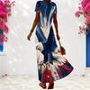 Women Plus Size V Neck Short Sleeve Firework Printed Navy Blue Long Dress