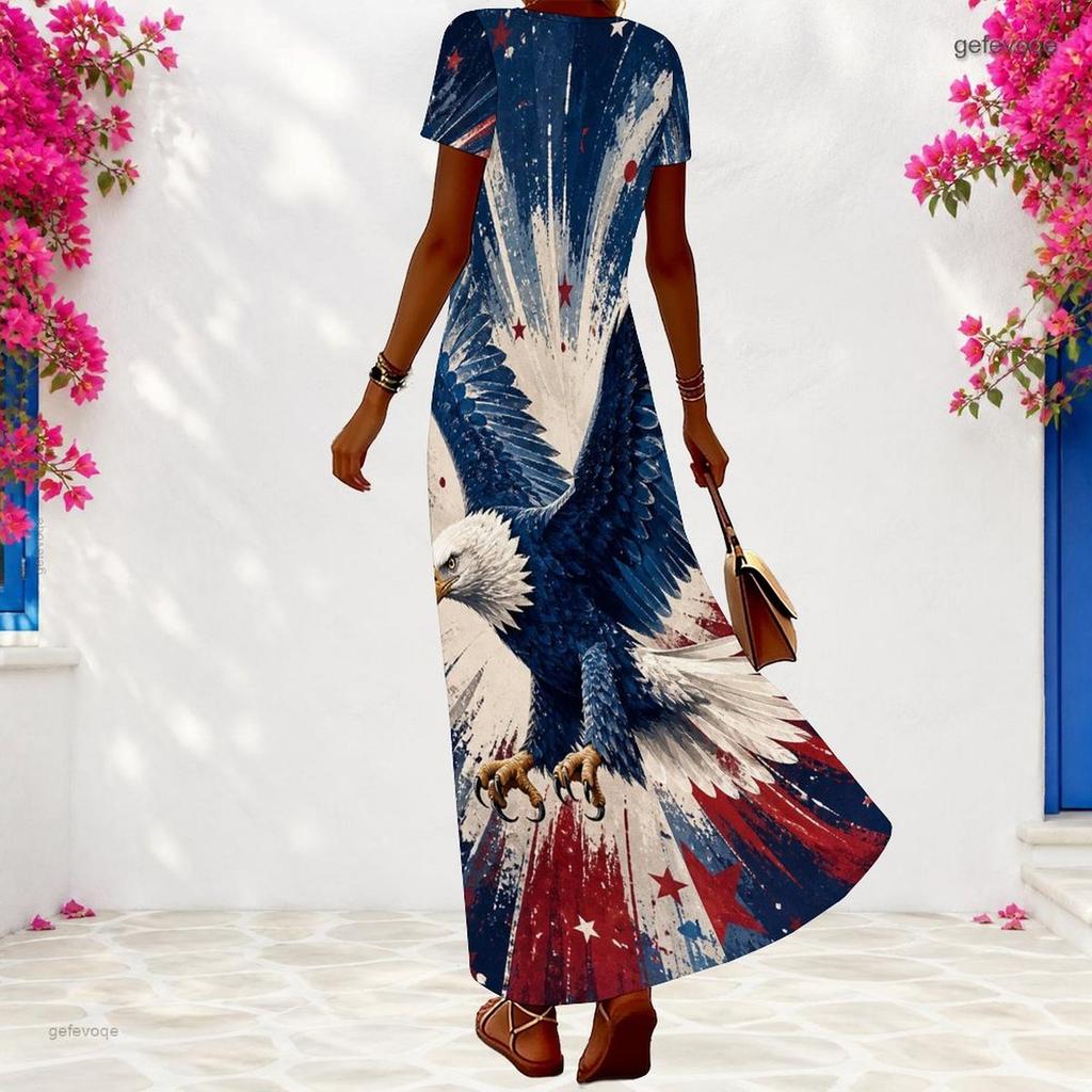 Women Plus Size V Neck Short Sleeve Firework Printed Navy Blue Long Dress