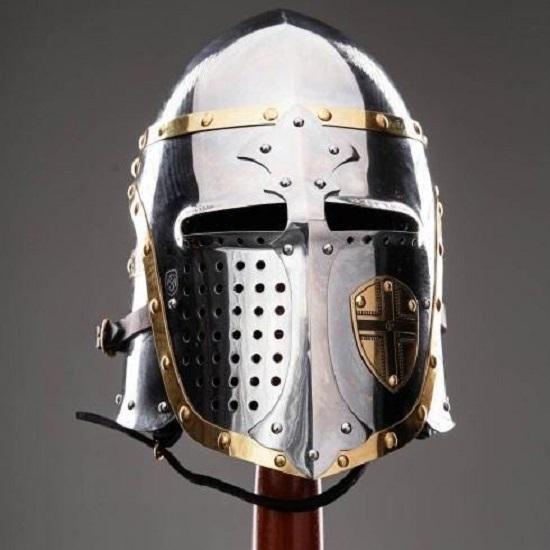 Medieval Crusader Great Knight Templar Helmet Steel and Brass Full Face Armor Handmade Gothic Helmet Cosplay LARP Ready