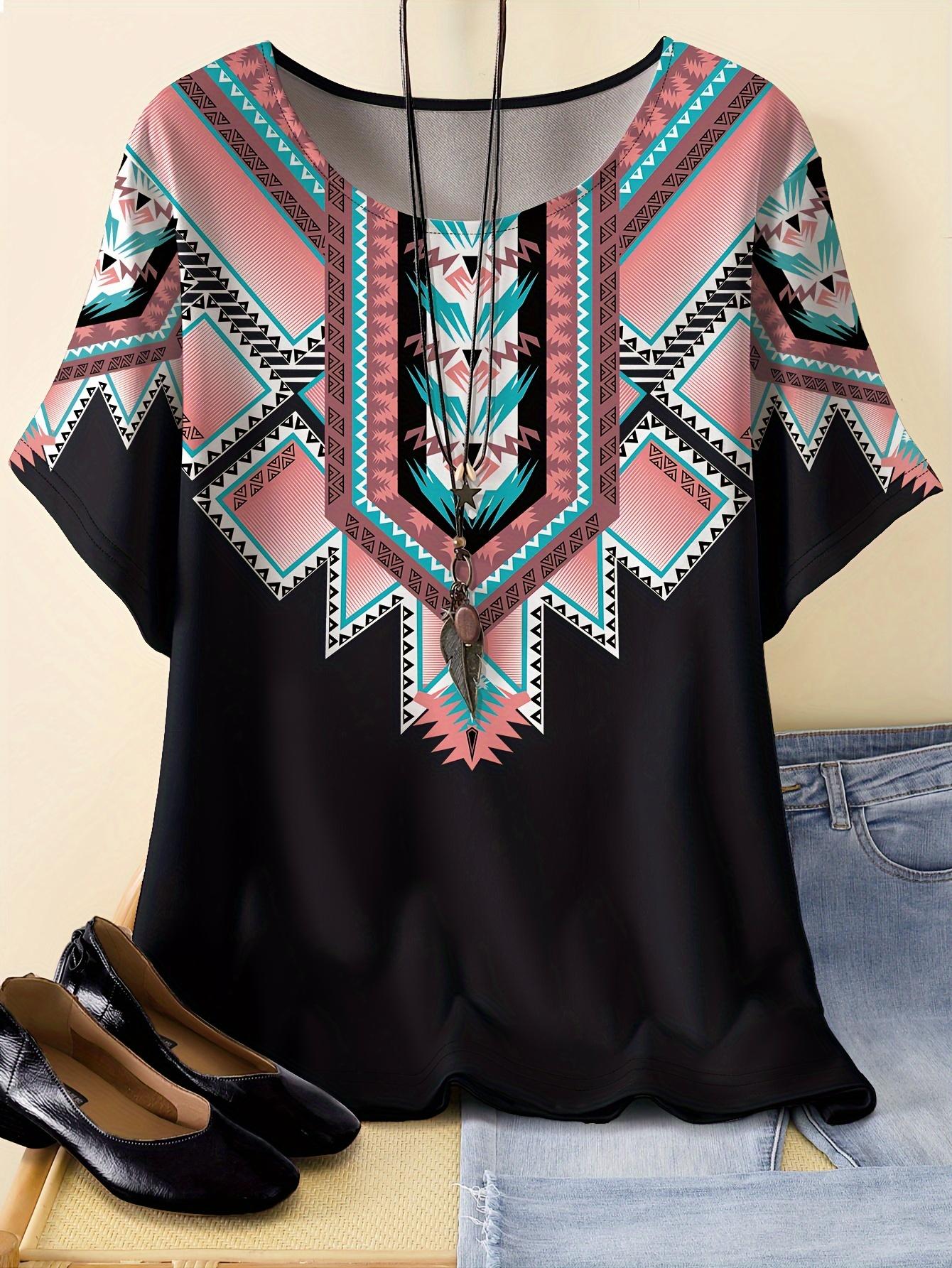 Plus Size - Plus Size - Women S Plus Size Short-Sleeve Casual T-Shirt with Continuous Geometric Print, No Additions Included S