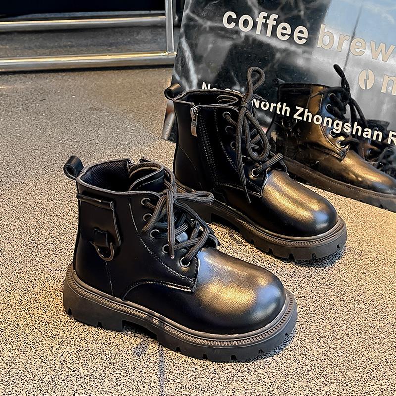 Children Platform Ankle Boots New Round-toe Black Boots for Girl Solid Color Causal Kids Fashion Short Leather Boots Side Zipper