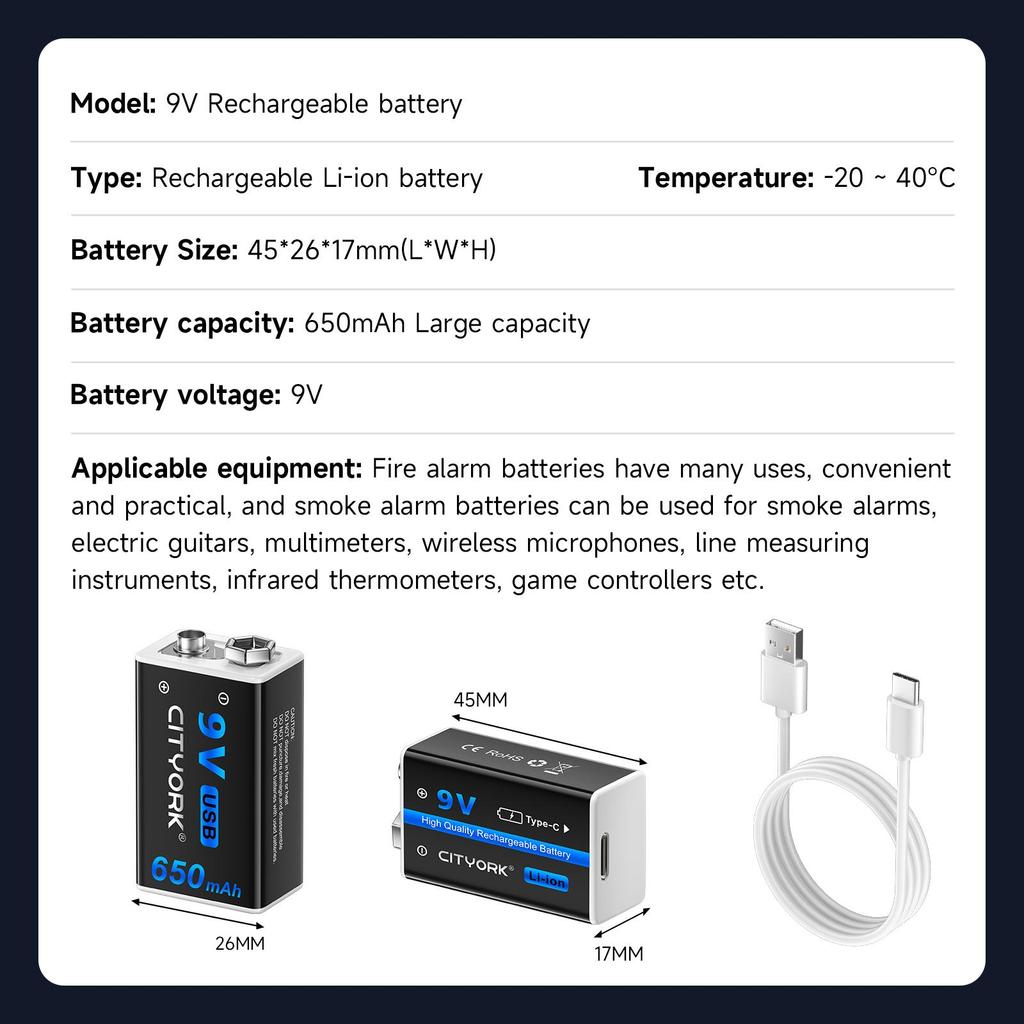 Batteria ricaricabile USB 9V 9V 1200mAh 6F22 Batteria agli ioni di litio Batterie USB per multimetro Metal Detector chitarra elettrica