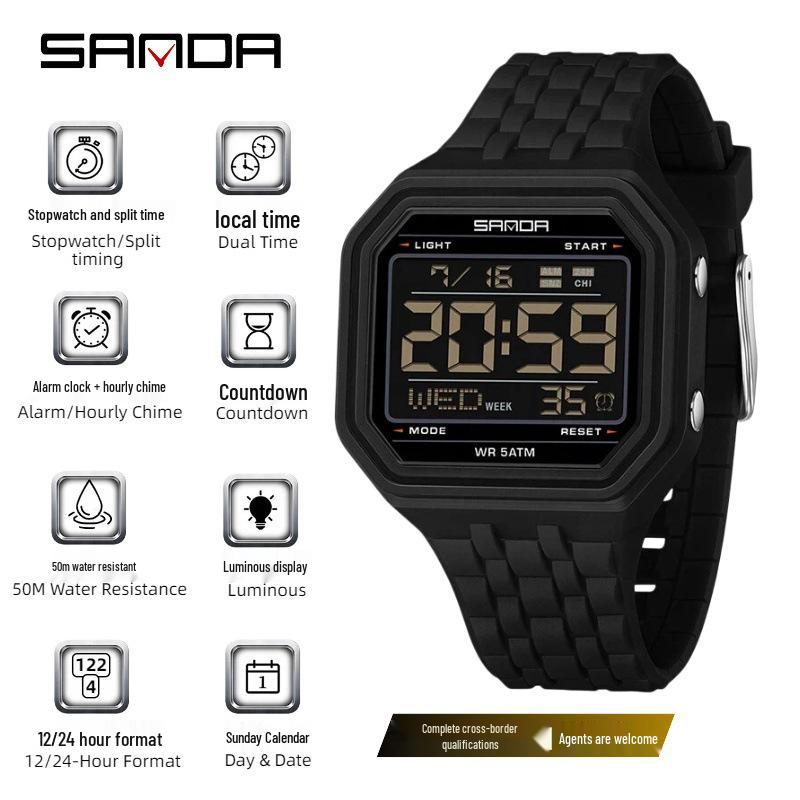 Sanda Creative Square Multifunctional Dual Display Student Watch - Countdown, Alarm, Waterproof, Trendy Electronic Timepiece.