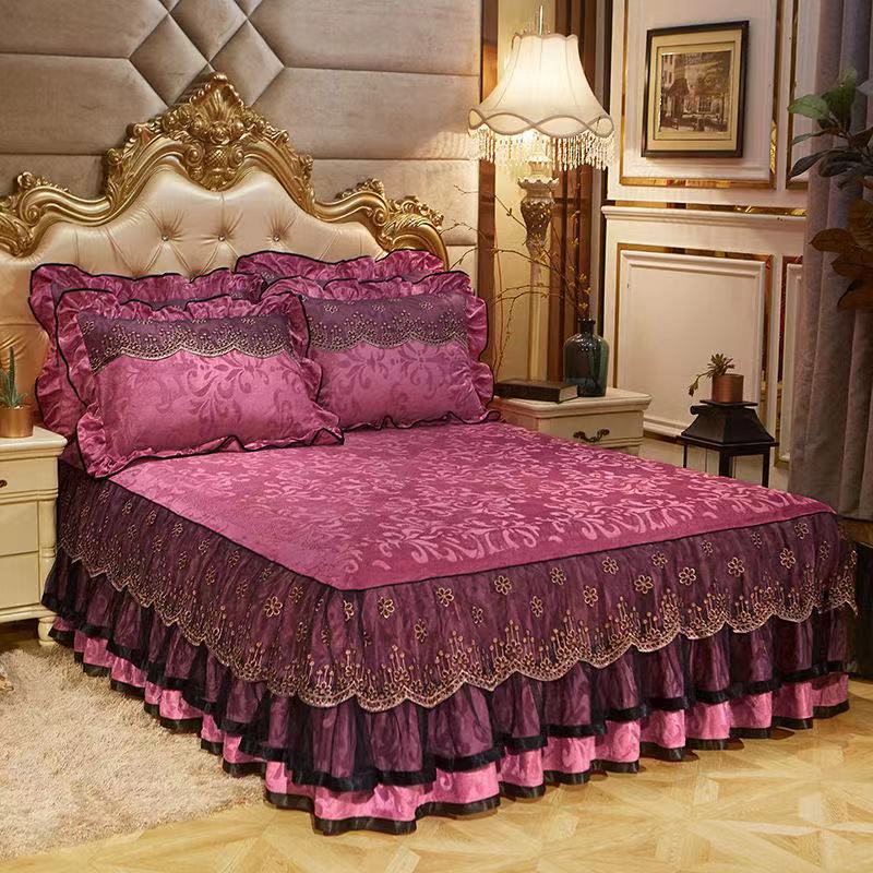 Juego de Ropa de Cama de Terciopelo Europeo de Alta Calidad King Queen Cálido Manta de Felpa Falda de Cama con Relieve 1pc Funda de Almohada 2pcs