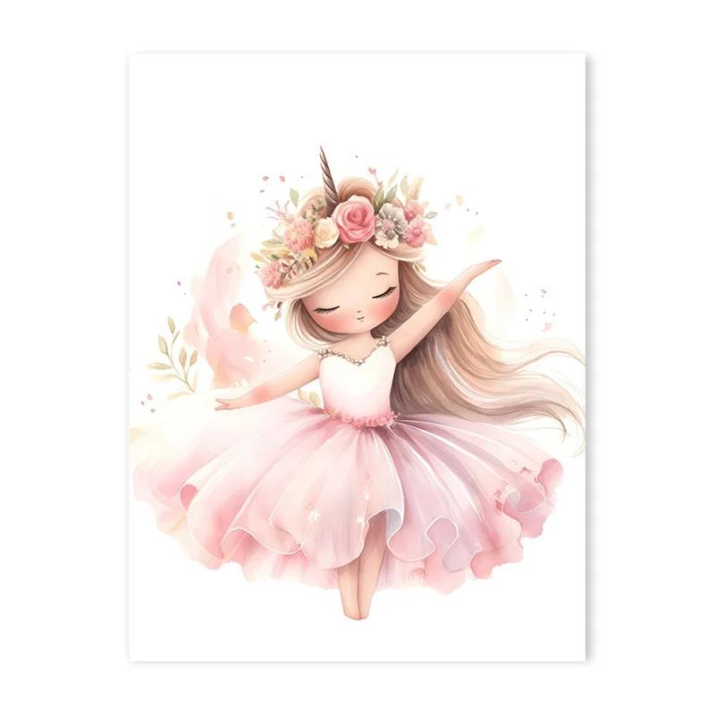 Pink Ballerina Girl Unicorn Butterfly Poster Kids Room Decorative Canvas Posters Nursery Wall Art Poster Baby Bedroom Decor