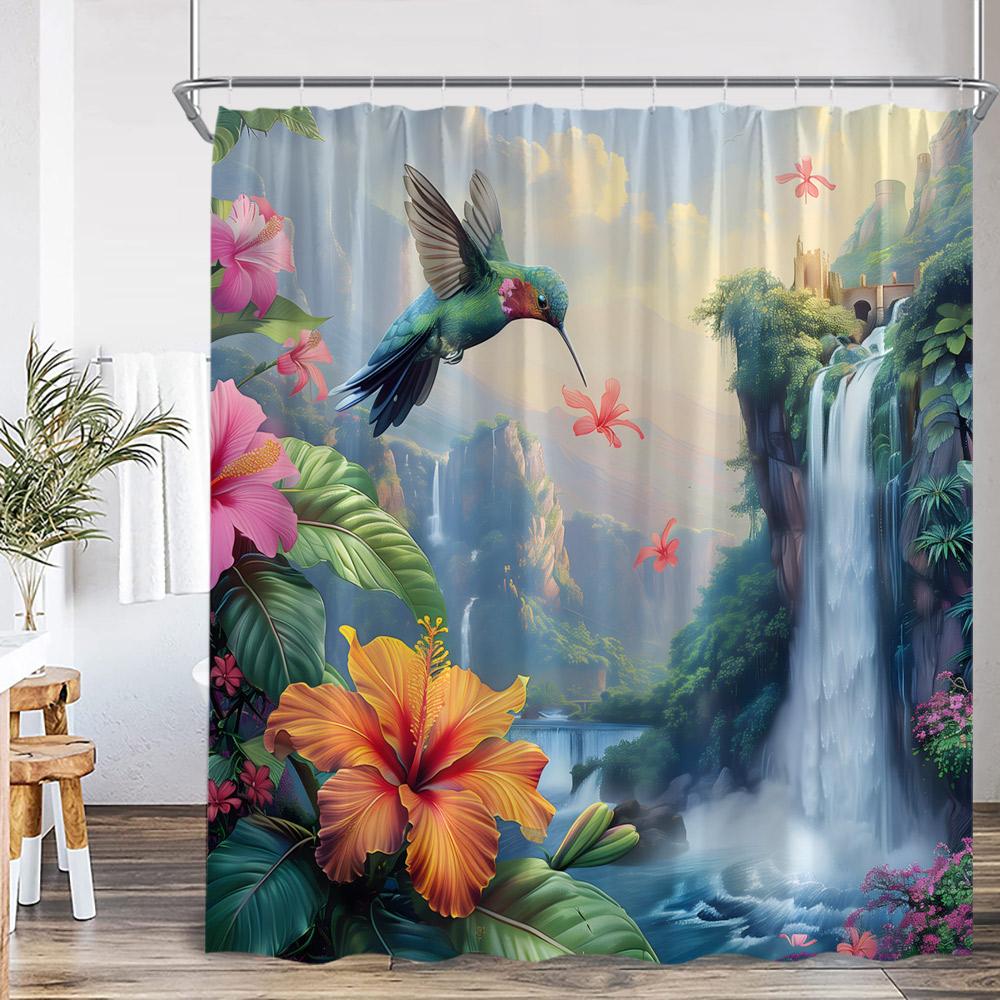 Bird Animal Shower Curtain Huumingbird Flower Floral Plant Classical Bathroom Decor Spring Autumn Polyester Bath Curtain with Ho