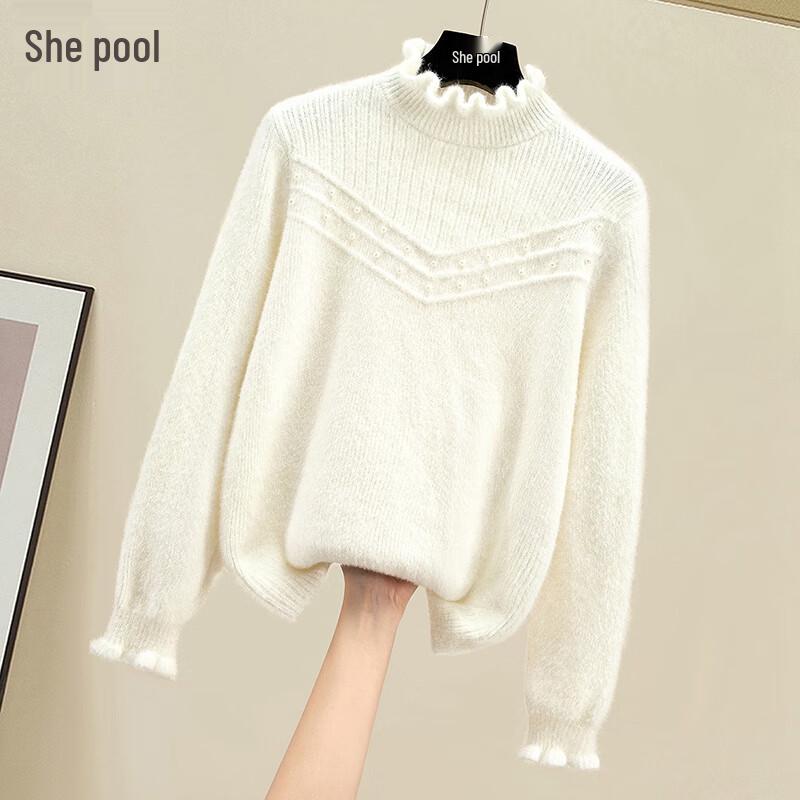 

Women s Beaded Lace Half-High Collar Knit Top S