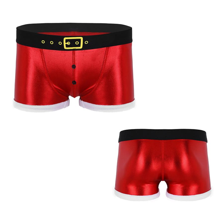Herren-Boxershorts aus Kunstleder mit bedrucktem Gürtelmuster, Weihnachtsferien, Weihnachtsmann-Party, Kostüm, Unterwäsche