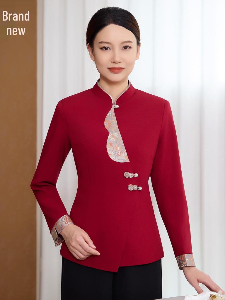 Chinese Restaurant Waiter Uniform - Long Sleeve for Autumn/Winter, Ideal for Hotel and Hot Pot Restaurants Front Desk Staff.