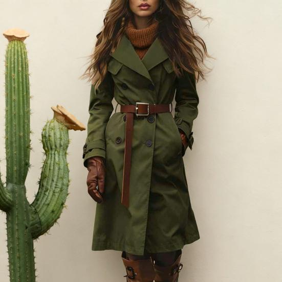 Women Trench Coat Double Breasted Notch Lapel Classic Fall Overcoat Slim Fit Midi Length Long Sleeve Peacoat