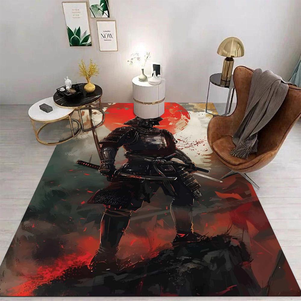 Samurai Warrior Carpet Mat Rug Red Sword Japanese Art Dark Theme Mountain Water Home Decoration Living Room Game Room Floor Mat