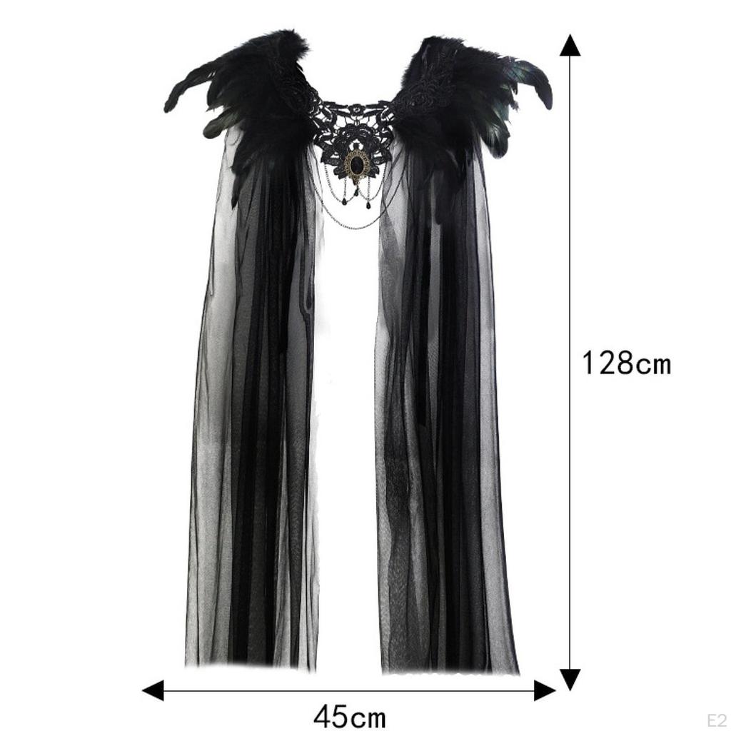 Women Halloween Cape with Feathered Neckband Black Performance Costume