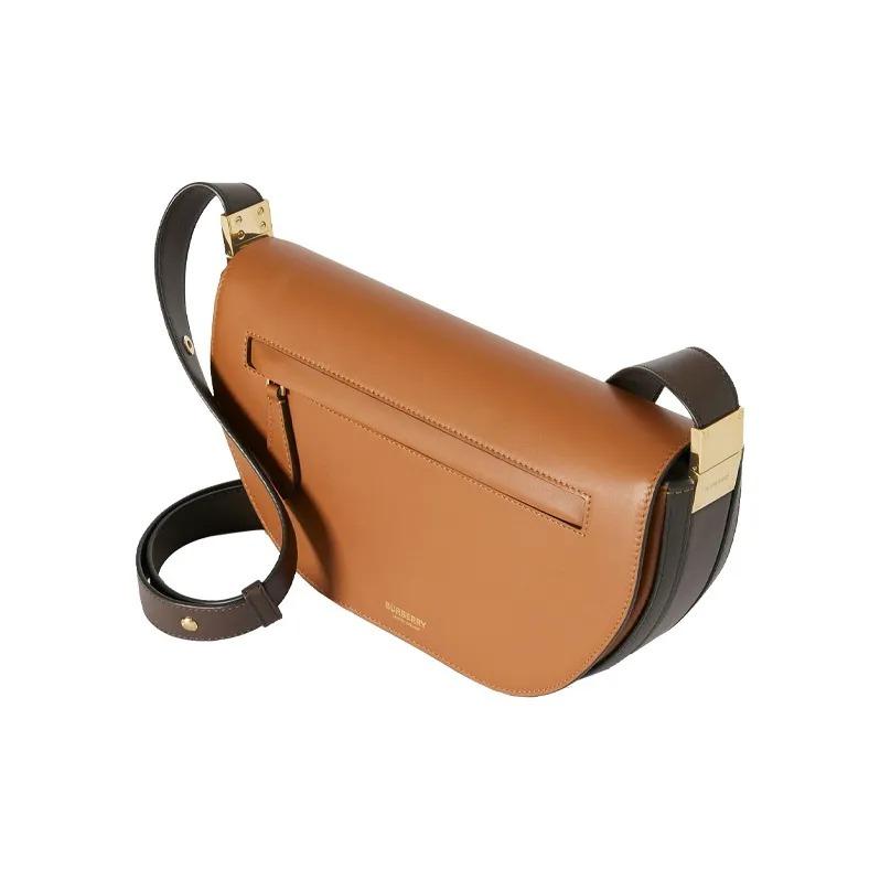 Burberry Olympia Two-Tone Adjustable Strap Leather Underarm Bag Half-Moon Tote Crossbody Shoulder Bag Unisex Couple's Style Warm Brown