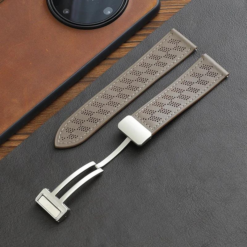 Breathable Microporous Full-leather Crazy Horse Pattern Magnetic Buckle Strap for HUAWEI GT3/4 Samsung WATCH Strap