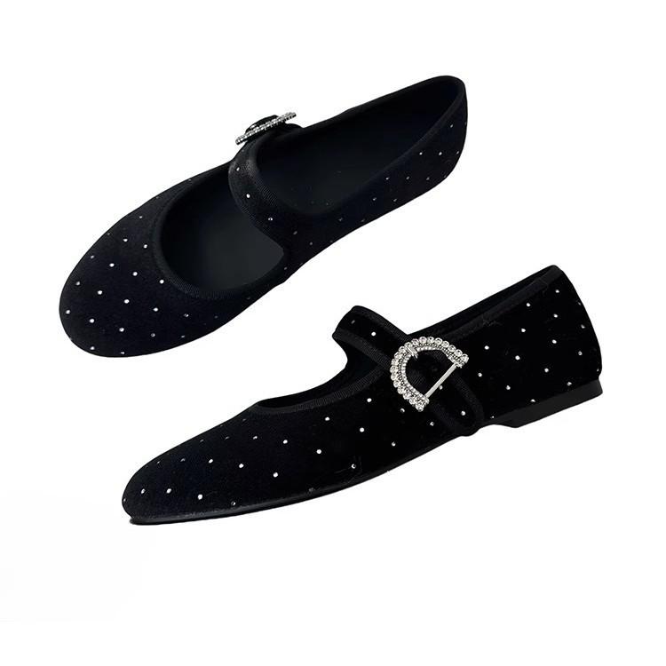French single shoes women's 2025 spring and autumn new retro design flat ballet shoes shallow mouth rhinestone Mary Jane shoes