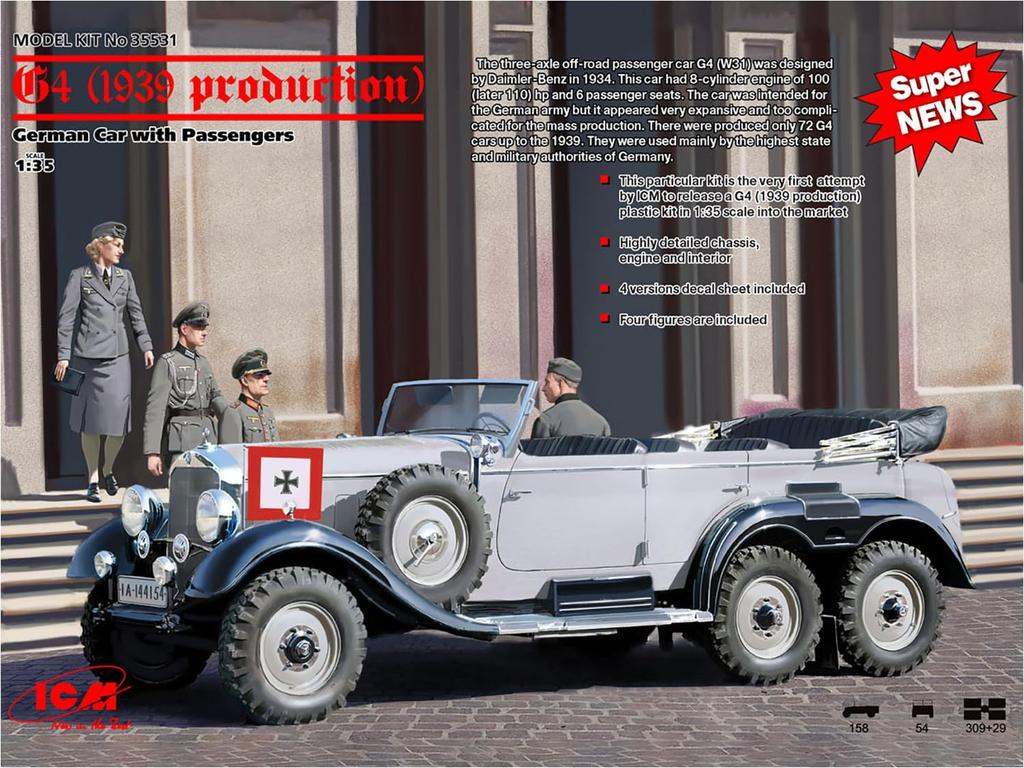 ICM 1/35 Scale German Army G4 High-ranking Officer's Car, 1939, with Figure, Plastic Model Kit 35531