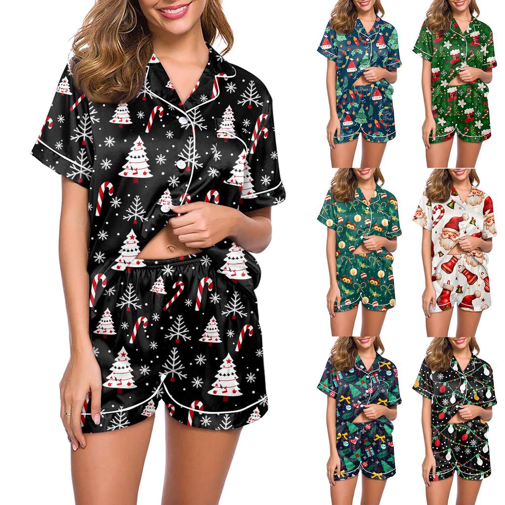 Women's Casual Fashion Christmas Print Short-Sleeve Top And Shorts Homewear Set
