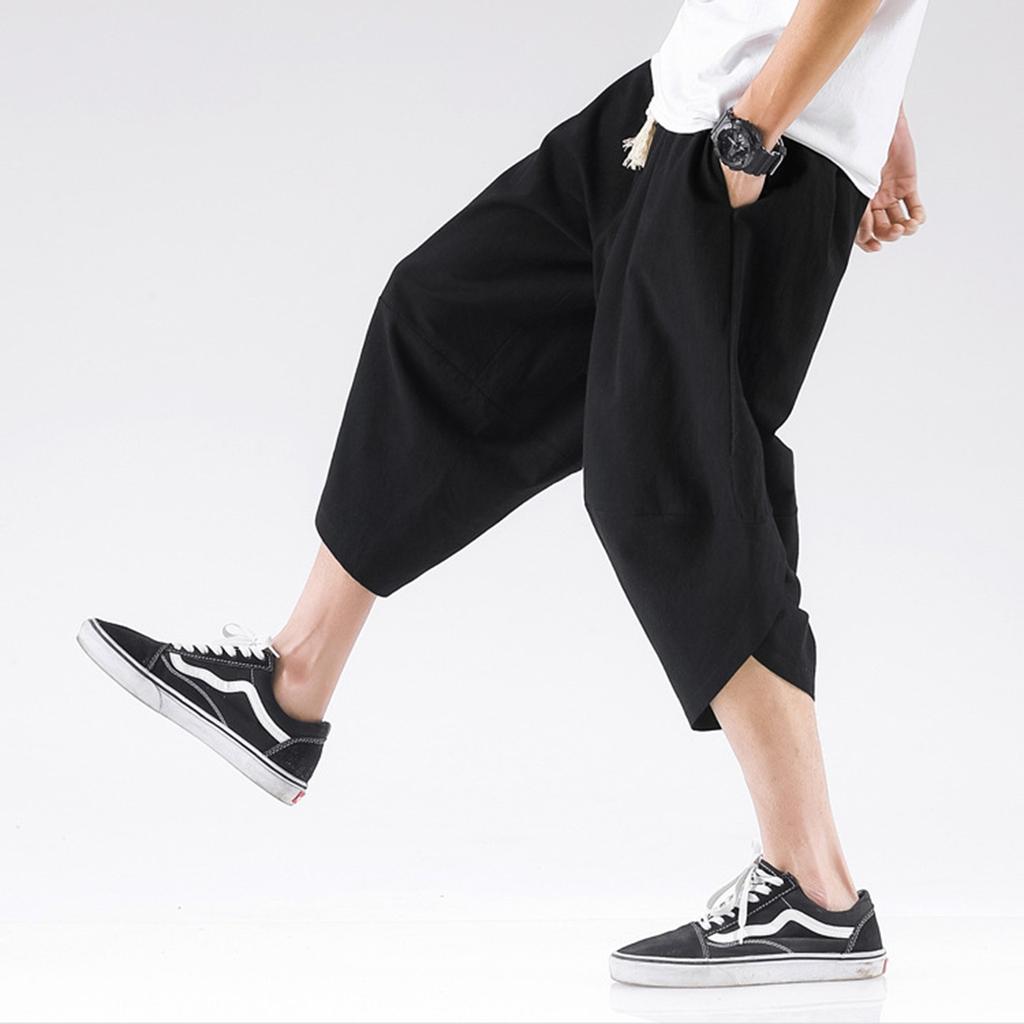 Men's Summer Fashion Leisure Color Cotton Linen Loose Calf-Length Pants