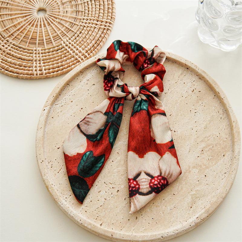 Oil Painting Print Long Ribbon Bow Scrunchies Elastic Ponytail Holder Exquisite Hair Tie Woman Rubber Band Hair Accessories Girl