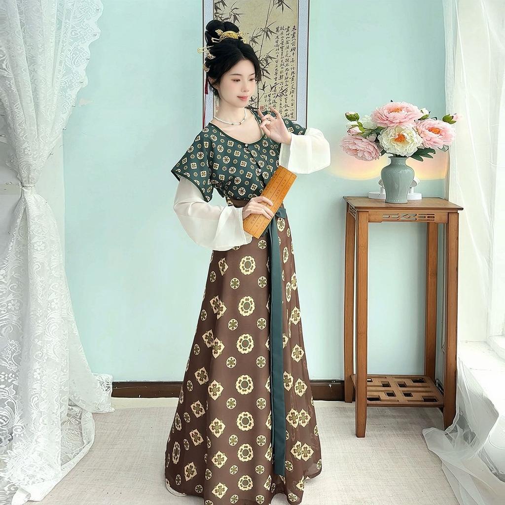  Original Tang Hanfu Women Tang Trousers Round Neck Shirt Waist-length Eight-thorn Skirt Daily  