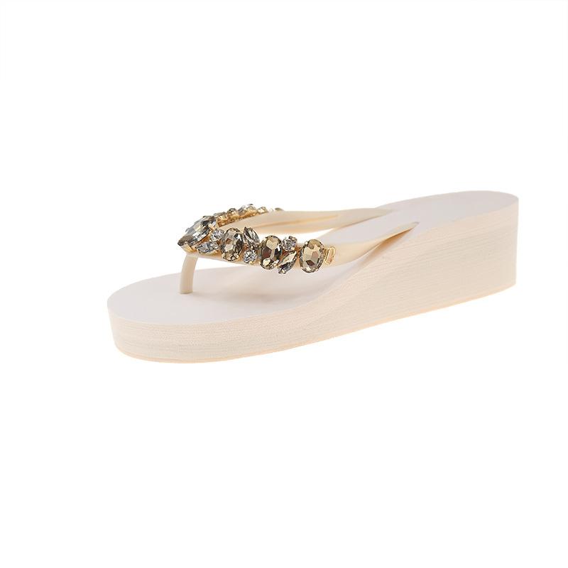 2026 New Comfortable and Fashionable All-match Beach Shoes Non-slip Soft Bottom Casual Flip-flops Rhinestone Chain Flat Slippers